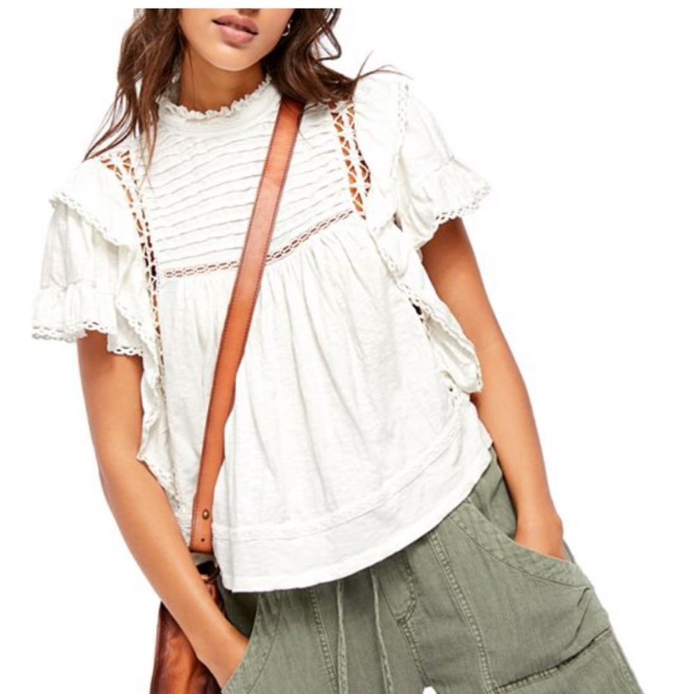 Free People White Lace Trim Flutter Sleeve Blouse